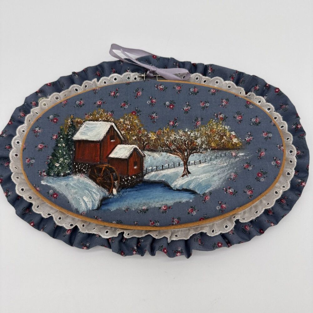 Vintage Hand Painted Embroidery Loop Wall Hanging Winter Floral Cottagecore